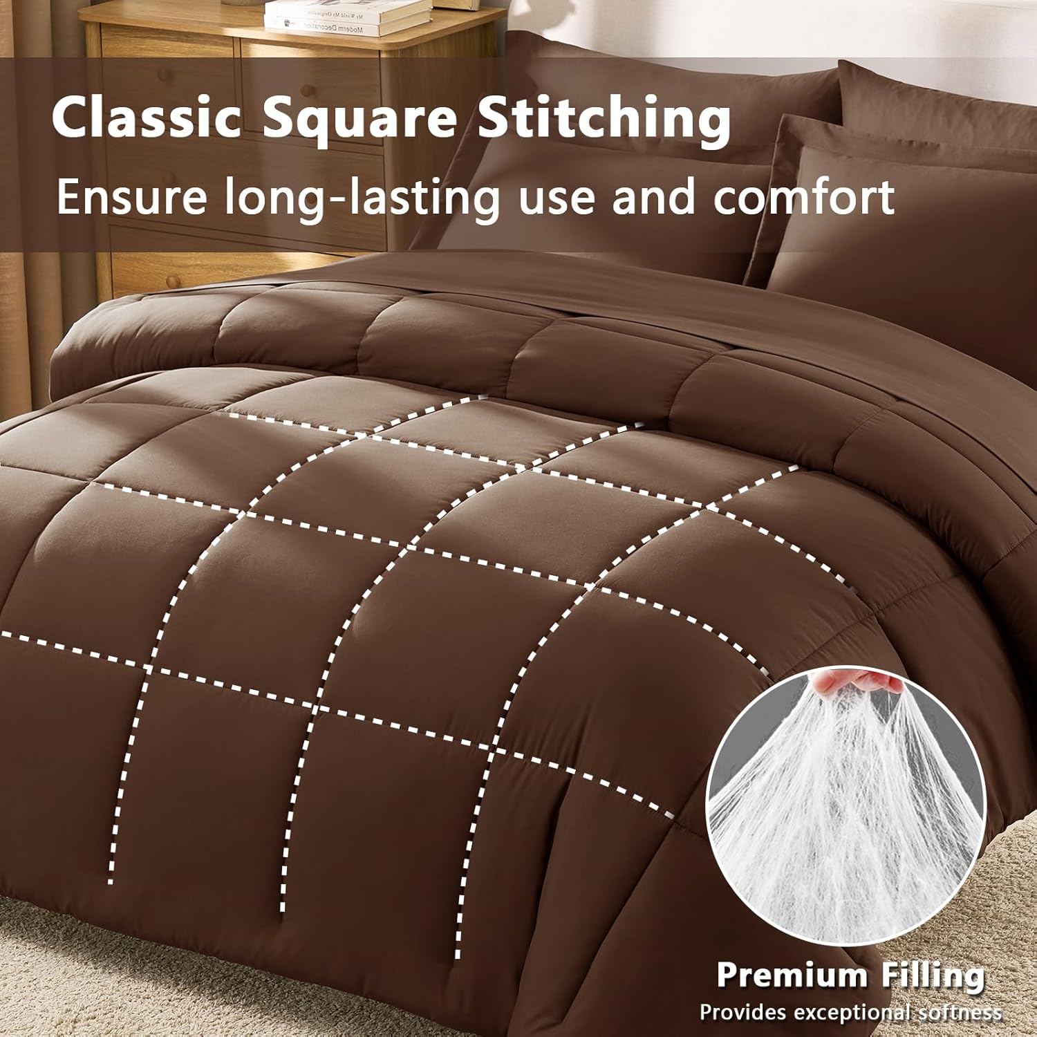 CozyLux Queen Comforter Set Brown - 7 Pieces Bed in a Bag Queen, All Season Breathable Bedding Sets, Oeko-Tex Certified Bed Set with Down Alternative Comforter, Sheets, Pillowcases & Pillow Shams - Image 6