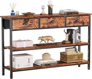 Furologee 47" Rustic Brown Console Sofa Table with 3 Fabric Drawers & 3-Tier Shelves - Industrial Entryway Hallway Storage Display