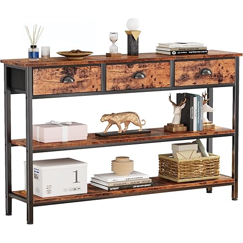 Furologee Long 47" Console Sofa Table with 3 Drawers, Entryway Table with 3-Tier Storage Shelves, Industrial Display Shelf for Entry Way, Hallway, Couch, Living Room, Kitchen, Foyer, Rustic Brown