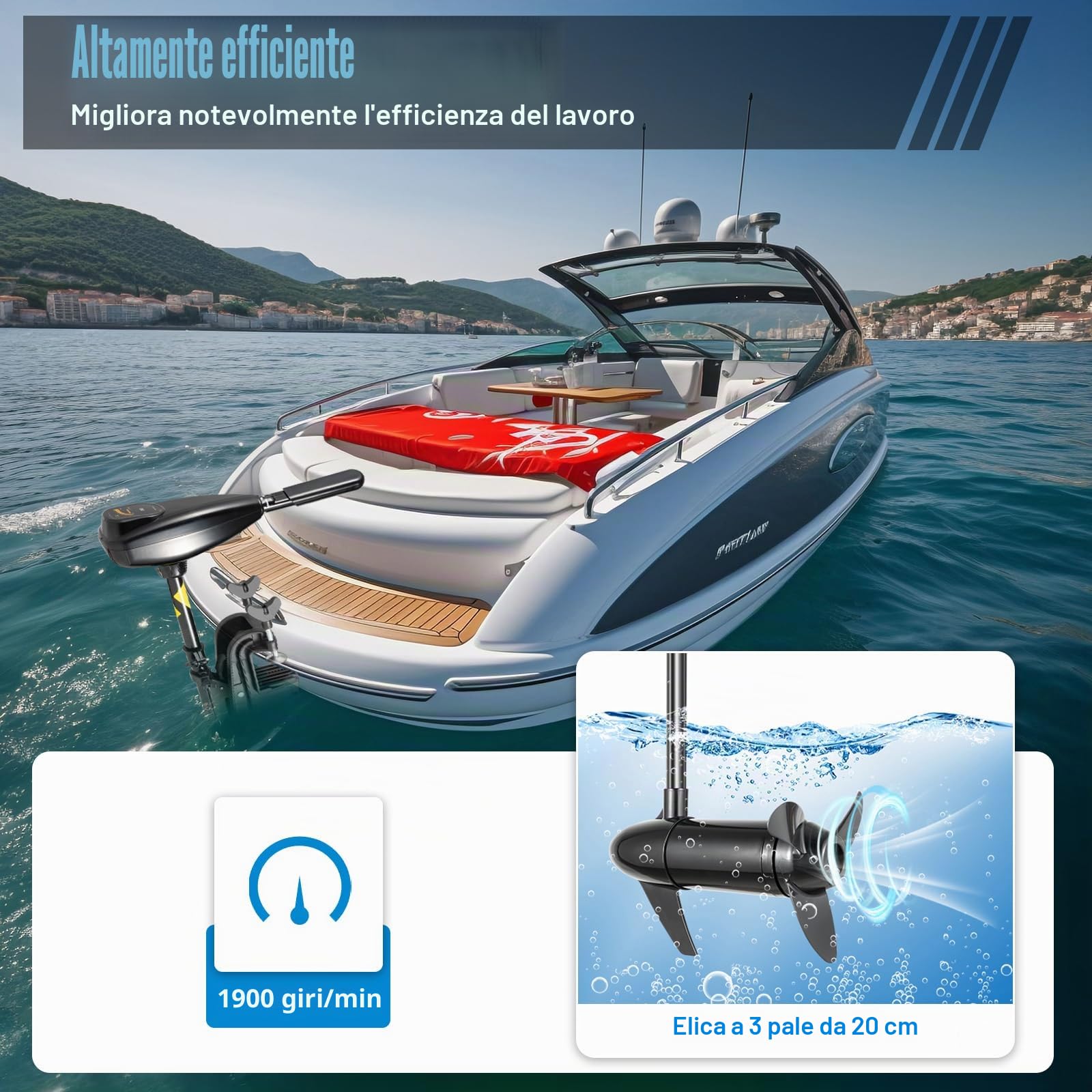 Motore elettrico fuoribordo 800 W 12 V 80 LBS, motore elettrico per barca da 1,2 CV con 5 marce avanti e 3 marce indietro, motore fuoribordo ad albero lungo, forza di trazione 1850 kg, altezza
