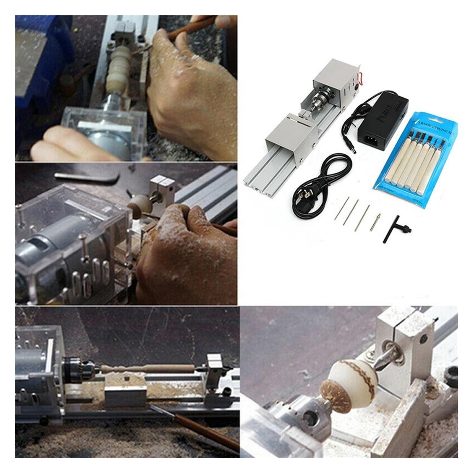 Tokarka do drewna 200W Mini tokarka koraliki maszyna stolarka DIY tokarka polerowanie zestaw wierteł z adapterem frez do rzeźbienia tokarka do drewna i 6 ostrze do rzeźbienia (Color : Nero)