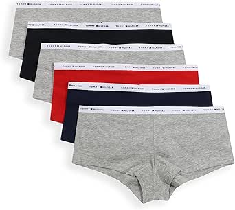 Tommy Hilfiger Women's Underwear Basics Cotton Boyshort Panties, 6 Pack - Medium Heather Grey/Navy /Red /Black