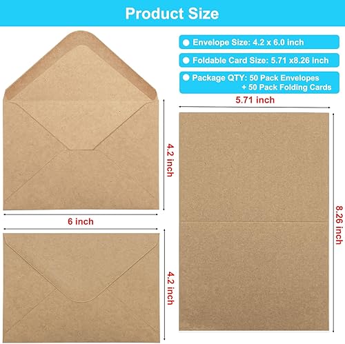 Miniatura 2 de Paquete de 50 tarjetas y sobres en blanco de 4 x 6 pulgadas, tarjetas de felicitación y sobres marrones, cartulina plegada con sobres A6 para