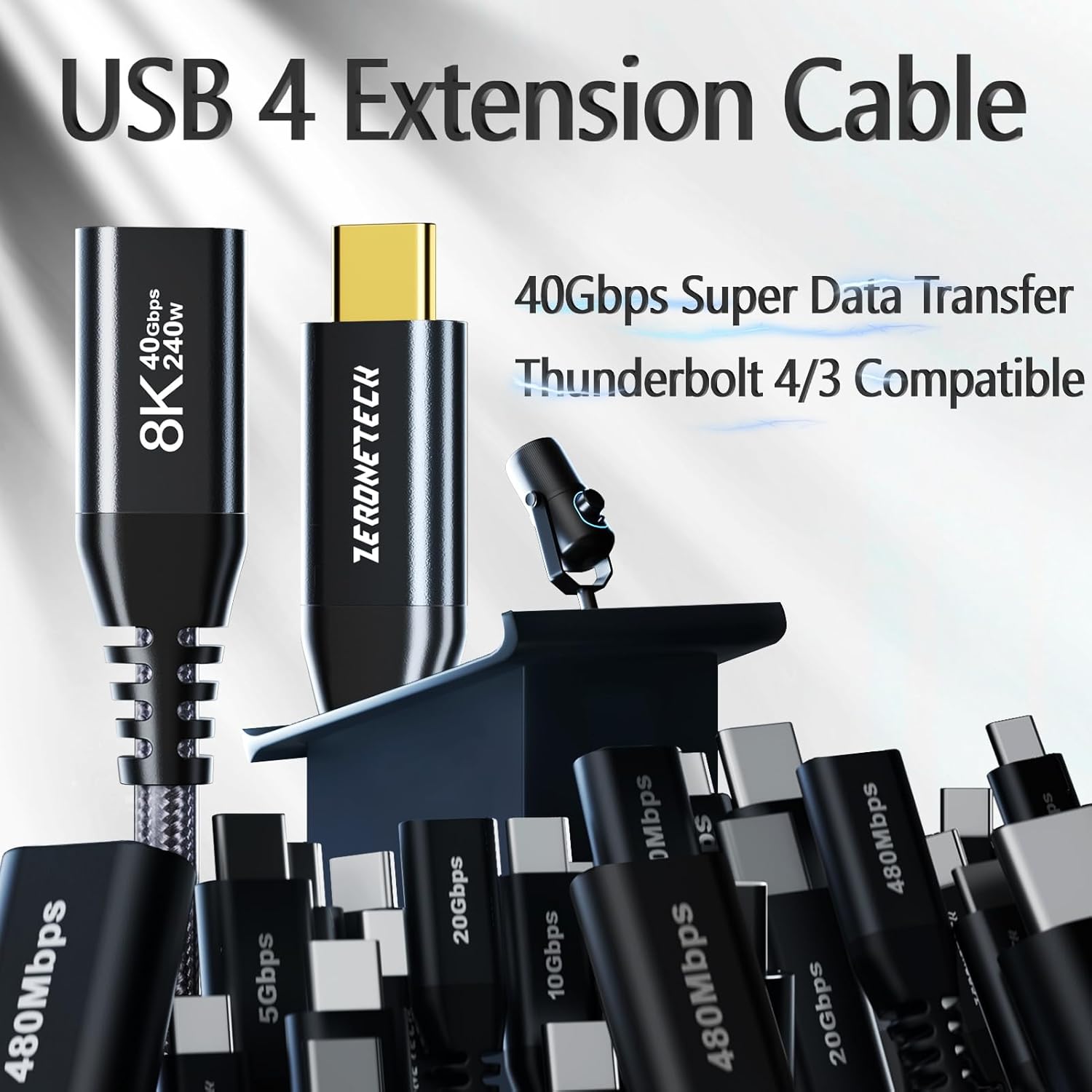 Short 40Gbps USB C Data Transfer Extension Cable [1FT, 2-Pack], 8K@60Hz Type-C Video Extension Cable for Thunderbolt 4, 240W Charging USB 4 Extension Cord for SSD/USB-C Flash Drive,MacBook,USBC Hub