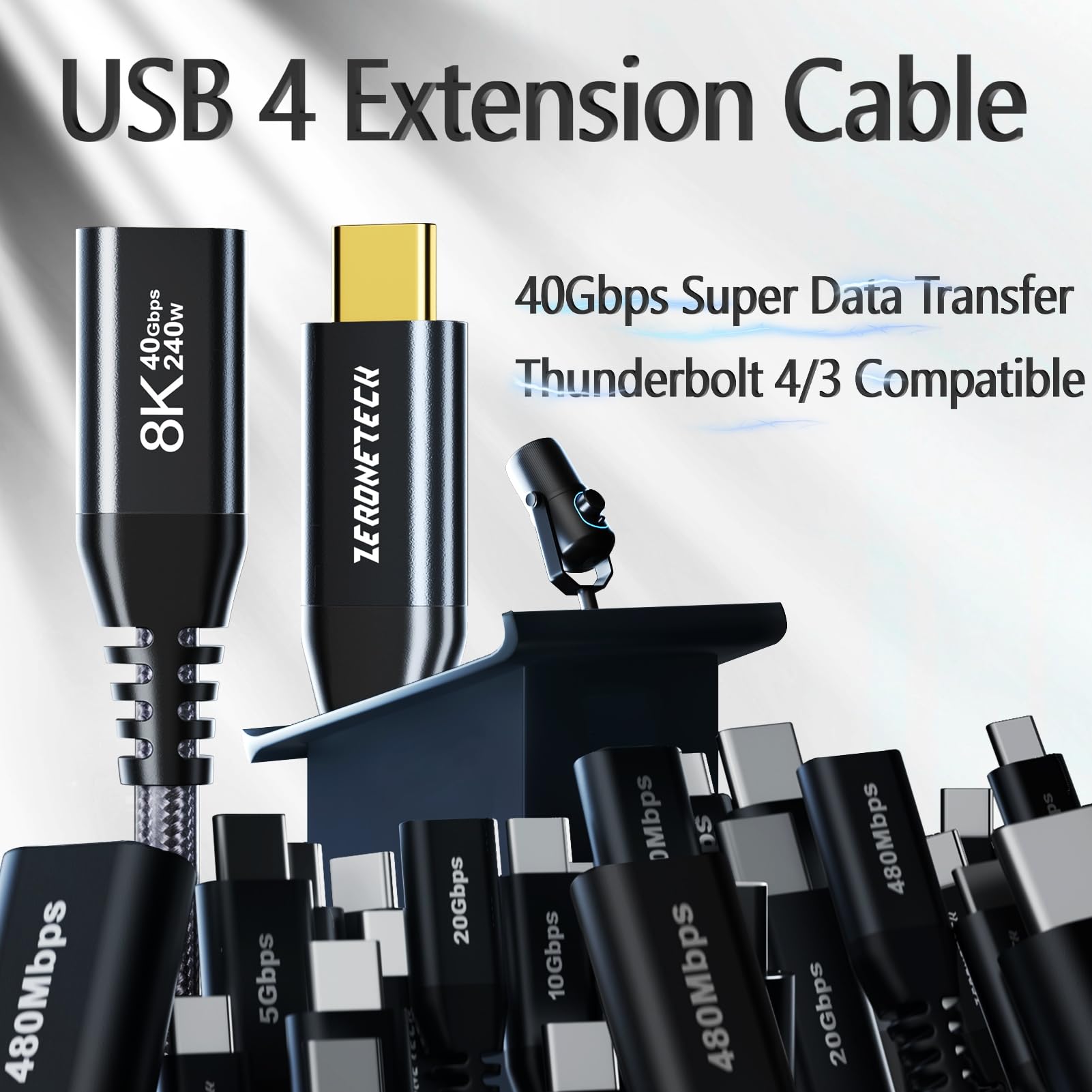 USB-C-Verlängerungskabel, 8 K @ 60 Hz/4 K @ 144 Hz, Video-USBC-Stecker auf Buchse, Verlängerungskabel, 40 Gbit/s/240 W, USB Typ C 3.2 Verlängerungskabel, schnelle Datenübertragung und Aufladen für