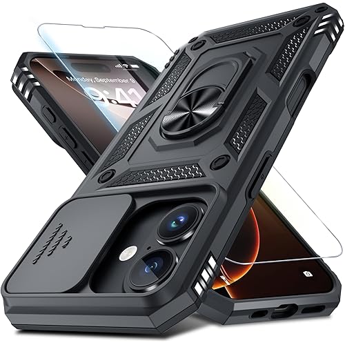 Janmitta Case for iPhone 11 Pro Max Phone Cover Built in Slide Camera Lens Cover+Screen Protector,Heavy Duty Shockproof Full Body PhoneCase with Finger Ring Holder Kickstand,Black