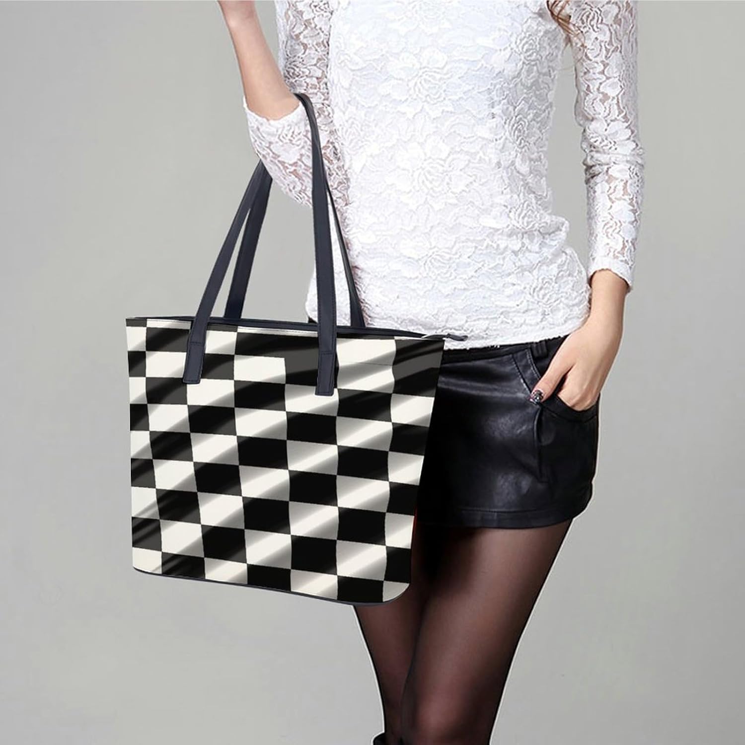 Black White Race Checkered Flag Tote Bag Large Soft Leather Purse with Zipper Lightweight Ladies Shoulder Handbag