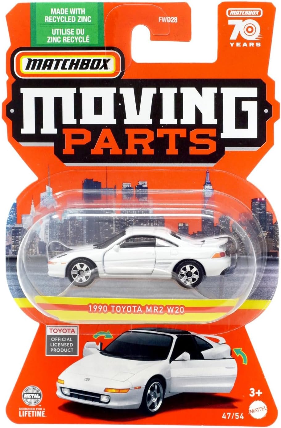 Matchbox 1990 Toyota MR2 W20 die-cast car in its packaging, showing the car and its moving parts feature.