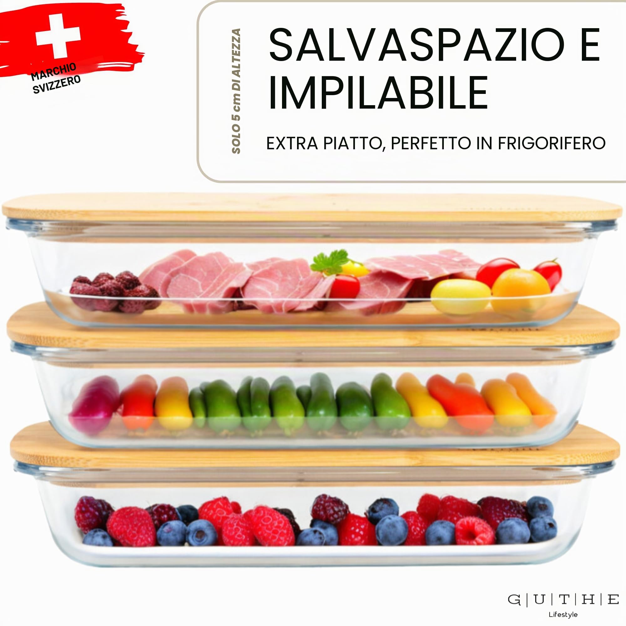 Good Lifestyle - Set di 3 scatole per salumi, per frigorifero, in vetro, con coperchio in legno, impilabili, salsicce e formaggi