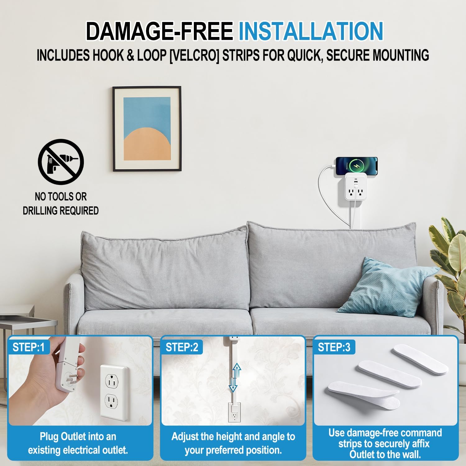 Outlet Electrical Outlet Extender. Access Hard-to-Reach Outlets! Features USB-A, USB-C, and 2 AC Outlets, Extends 17"-26", Rotates 360°. Use Behind Couches, Nightstands, Desks, and More