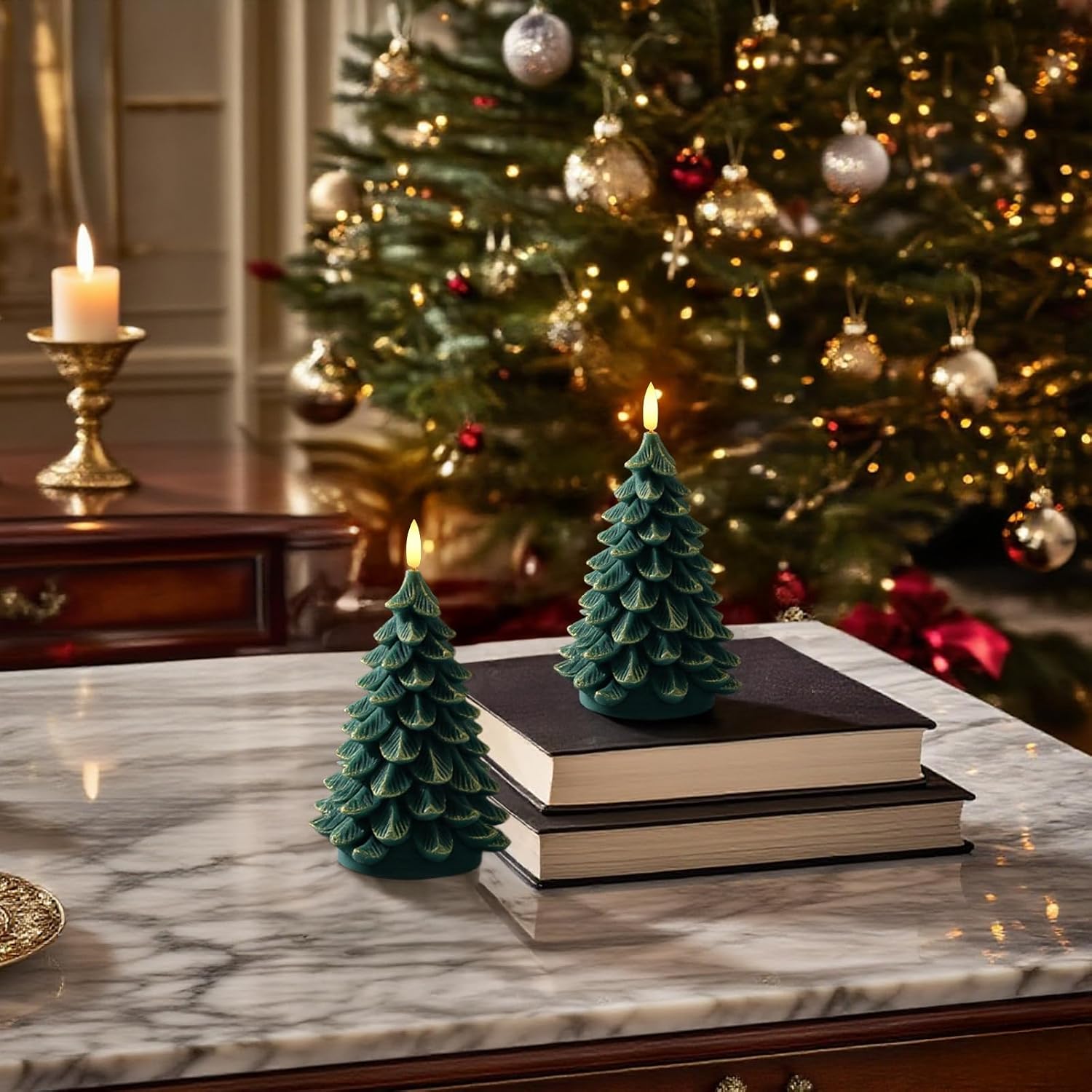 Christmas Decorations Indoor, Christmas Decor - Christmas Tree Candles Battery Operated, Flameless LED Candle Lights with 6H Timer, Xmas Home Decor, Set of 2(Green&Gold)