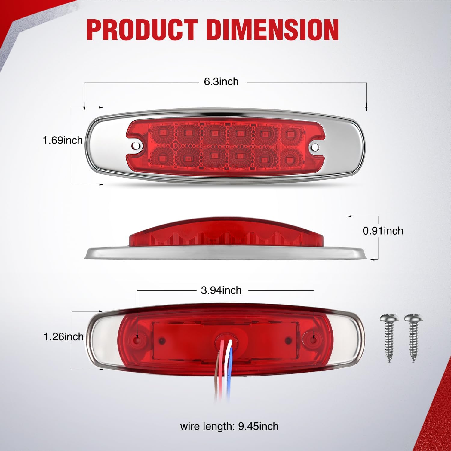 Nilight 20 Pack 6.3 Inch Rectangle Amber Red Side Marker Lights 12 LED 3 Functions (High/Low/Strobe) IP67 Waterproof Stainless Steel Chrome Bezel 12V Surface Mount for Truck Trailer RV SUV Boat