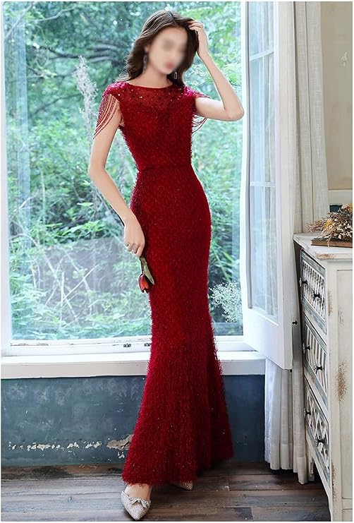 Amazon.com: ZZABC Vestidos de fiesta de sirena de color rojo vino,  elegantes vestidos de fiesta con cuello en O, longitud hasta el suelo de  encaje largos para mujer (color: rojo vino, tamaño: