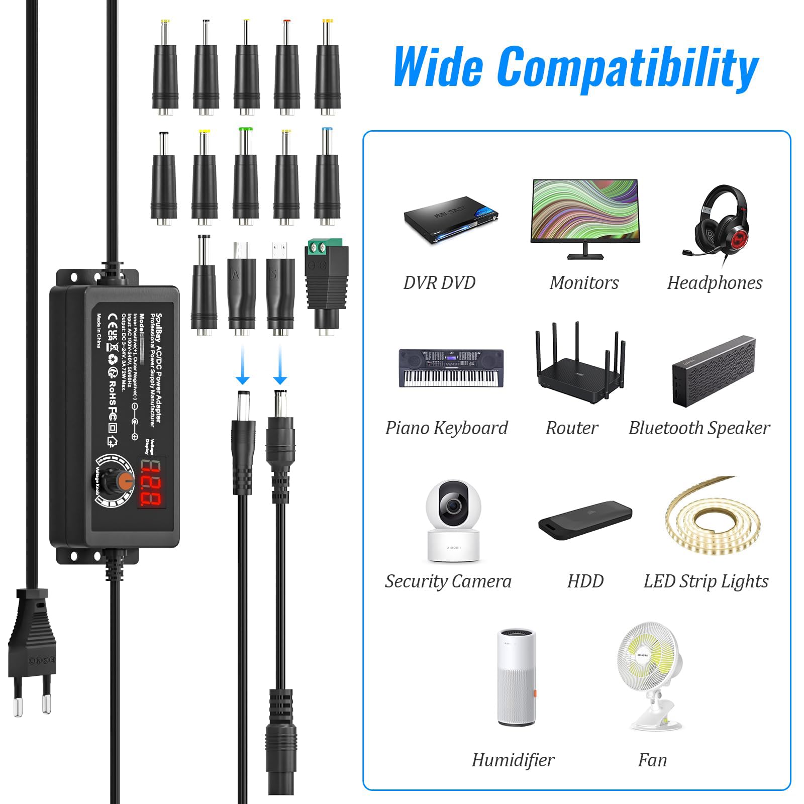 SoulBay 24V Chargeur Universelle, 72W AC/DC Adaptateur Alimentation Transformateur avec 14 Embouts DC et Câble de Polarité Inversée pour Caméra électronique Domestique – 3000 mA Max.