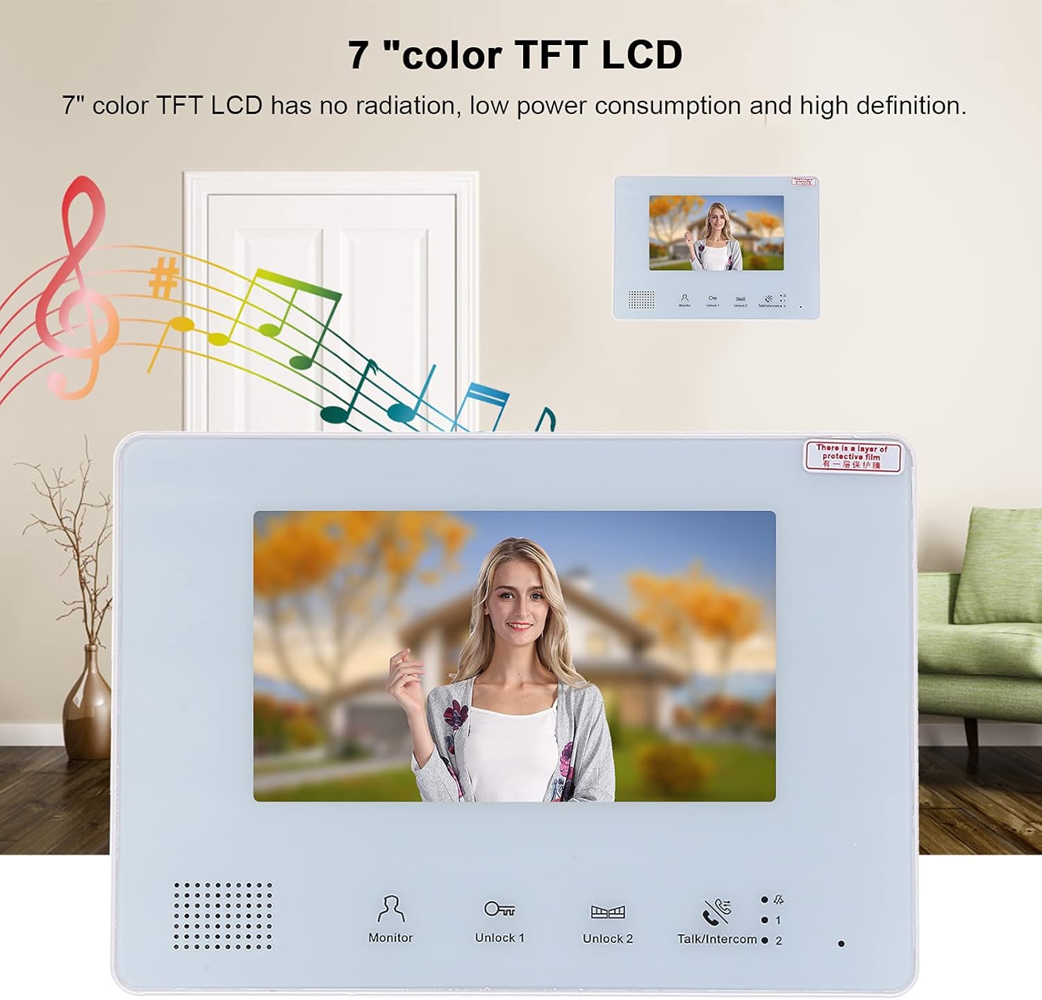 Close-up of the 7-inch color TFT LCD indoor monitor displaying a clear image of a person, highlighting its high-definition screen.