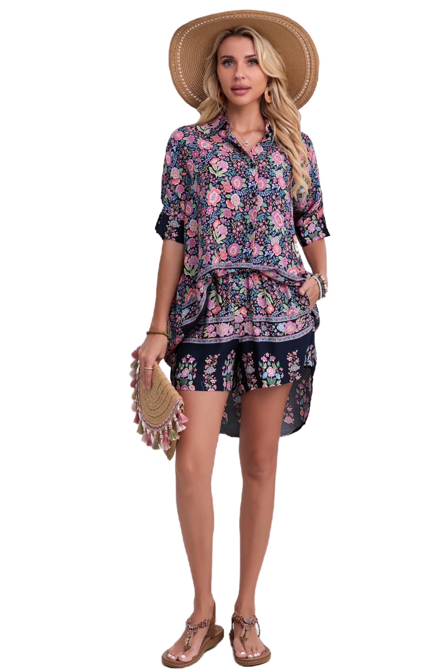HECCPLI Women's Boho 2 Piece Outfit Floral Open Front Tropical Tunic Blouse and Shorts Set
