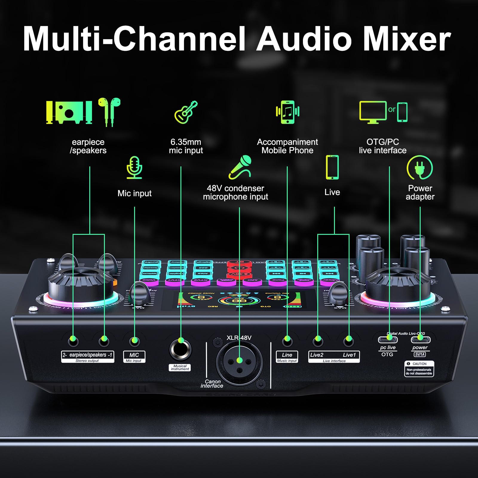 Professional Podcast Bundle with DSP Sound Card and Audio Mixer, 3.5mm Condenser Microphone for Live Streaming, Singing, Recording, and Gaming – Voice Changer, Noise Reduction