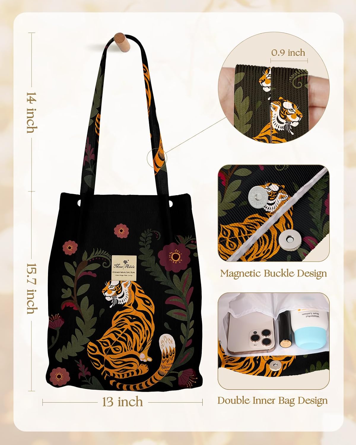 Miss Adola Corduroy Tote Bag for Women - Reusable Totes with Magnetic Buckle & Pocket Aesthetic Design Work Grocery Bags