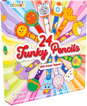 abeec 24 Funky Pencils with Erasers   Ideal for Kids' Party Bag Fillers, Stocking Fillers, Class Gifts, and Party Favors   Fun Stationery Set for Children