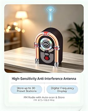 Jukebox with CD Player, Bluetooth, AUX-in Port and Color Changing LED Lights, Mini Digital Tabletop Juke Box Speaker Retro Look, Vintage FM Radio Wireless for Home