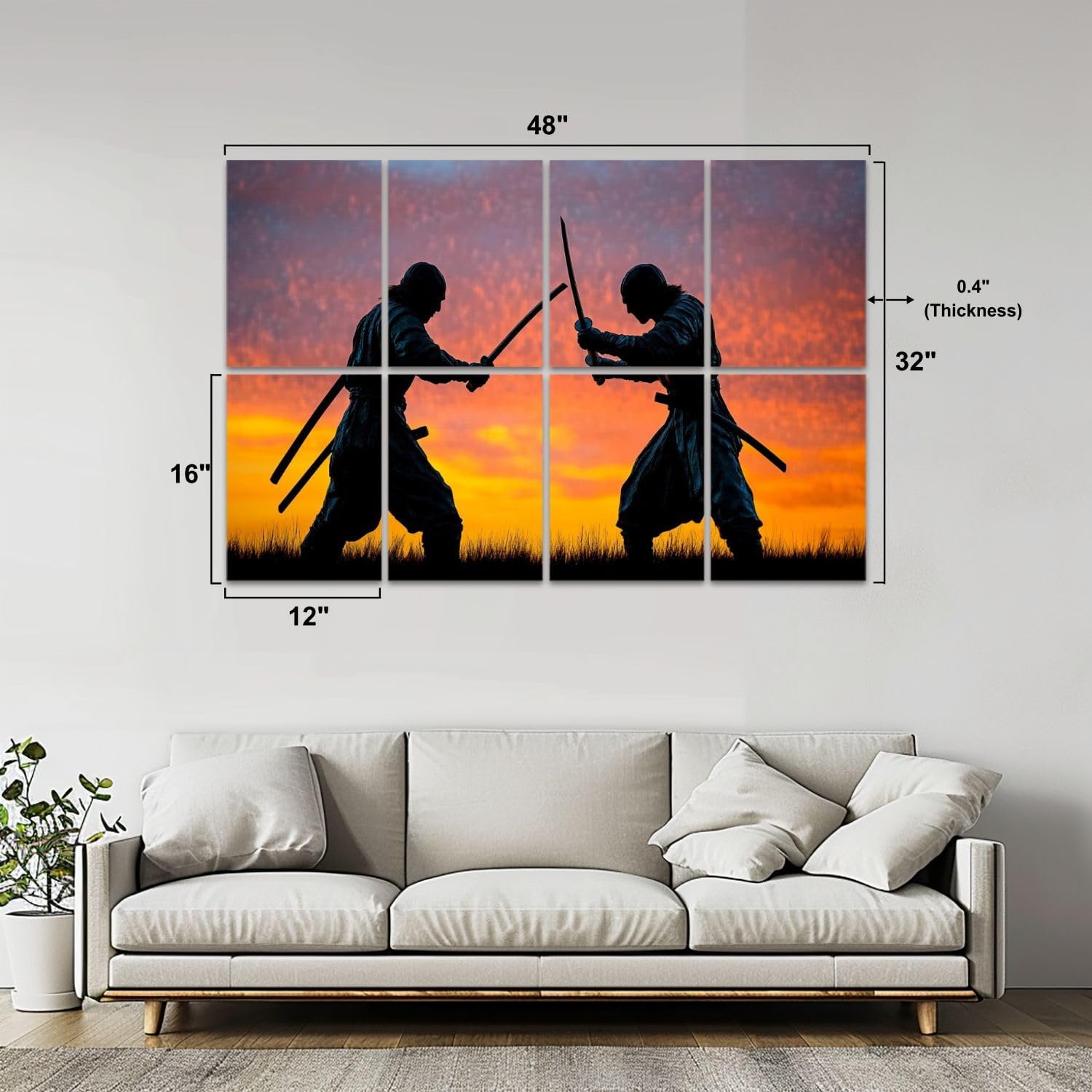 Art Acoustic Panels Self Adhesive Silhouette samurais duel picture two samurais sunset sky 8Packs Decorative Soundproof Wall Panels Large Sound Absorbing Panels for Home Office 48"x32"