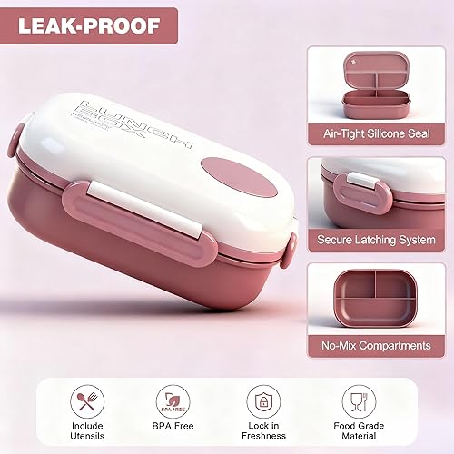 Miniatura 4 de Juego de lonchera Bento, recipientes de 3 compartimentos para niños y adultos, lonchera para mujeres con bolsa térmica, a prueba de fugas y sin BPA,