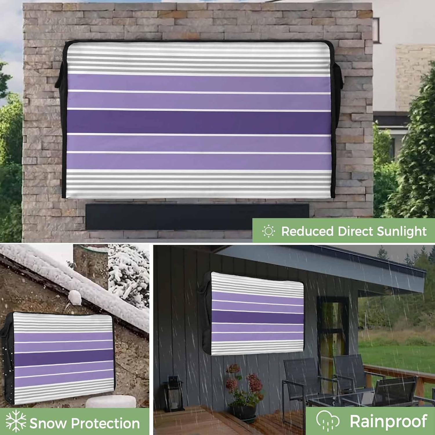 Outdoor TV Cover 65 Inch Purple Striped TV Enclosure Grey Lines Stripes TV Covers for Outside TV Display Screen Protector with Remote Control Pocket Home Decor