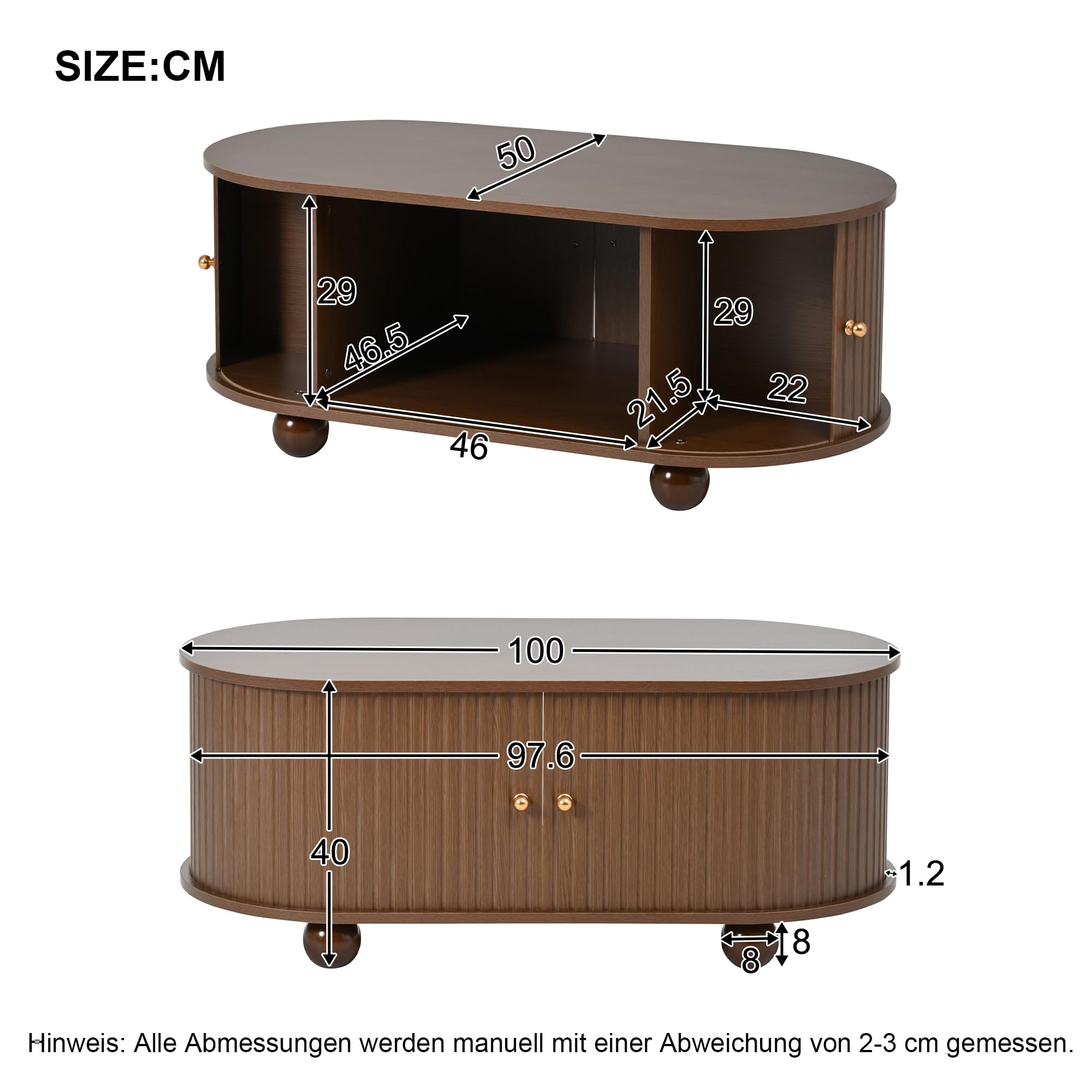 Merax Couchtisch Ovaler, Modern Kaffeetisch mit Schiebetüren, Wohnzimmertisch mit Viel Stauraum, Multifunktionaler Beistelltisch Sofatisch, Platzsparendes, Landhausstil, Wohnzimmermöbel, Walnussfarbe