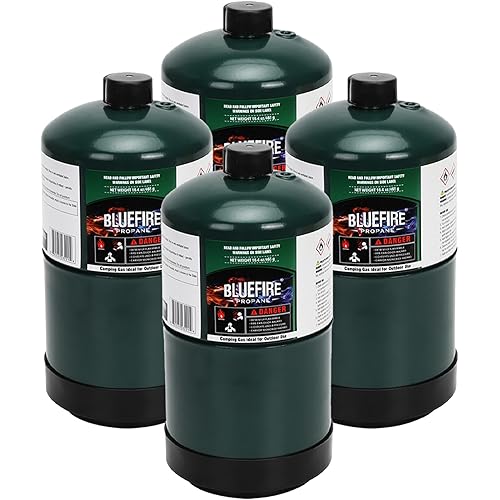 BLUEFIRE 16.4 oz Propane Replacement Fuel Camping Gas Cylinder Pack of 4 All Purpose Portable Canister Propane Gas Tank for Camping Stove Outdoor Backpack Mini Burner Heater Cooking Torch Lamp