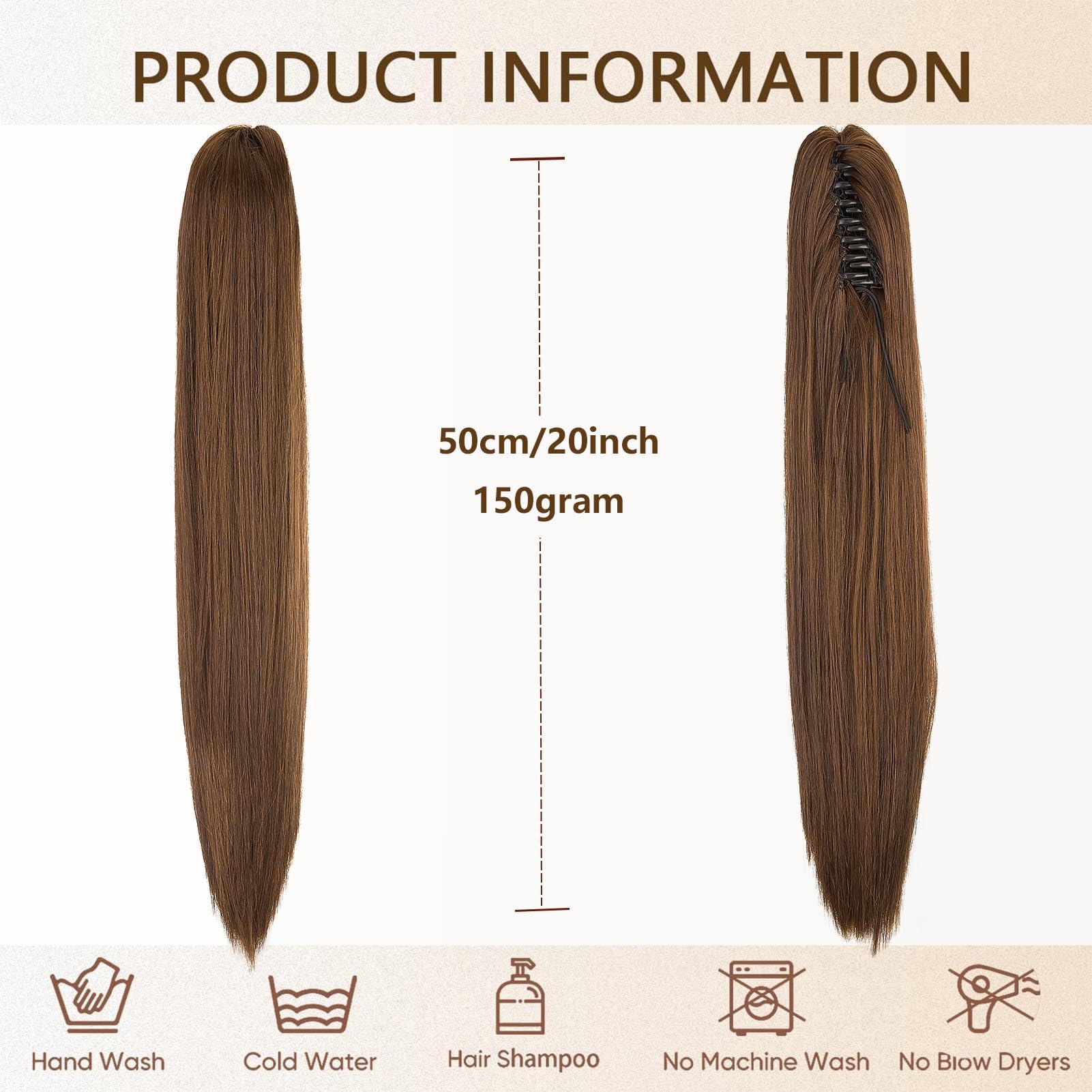Cybelleza 20inch Ponytail Hair Extensions Straight Ponytail Claw Jaw on Long Straight Pony Tails Clip in Hair Extensions Synthetic Hair pieces for Women Dark Brown & Light Auburn - Image 4