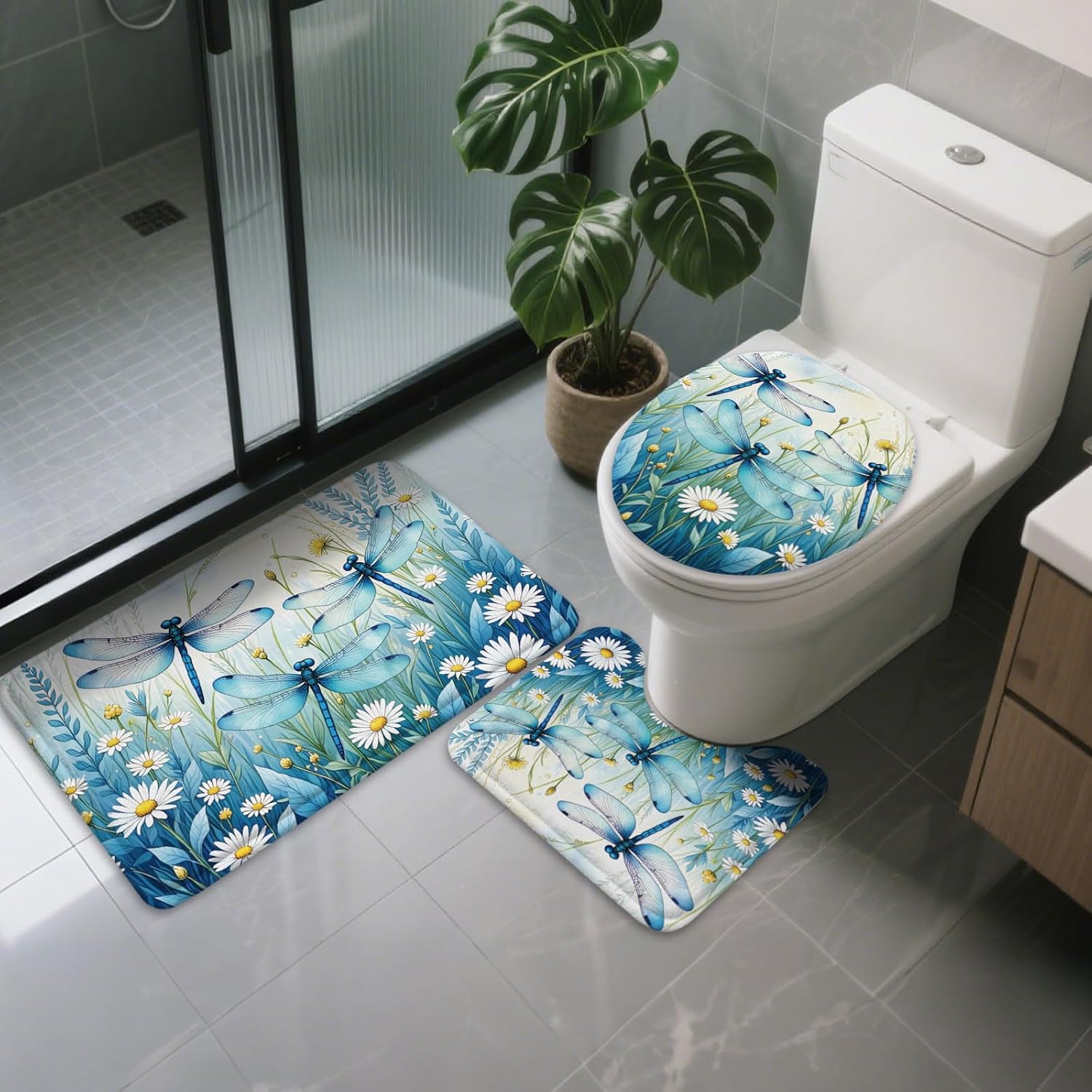 peacoblue Dragonfly Bath Mats for Bathroom Rugs Sets 3Pcs with Toilet Lid Cover, Non Slip Bath Rug and Contour Mats Sets, Washable Toilet Carpet for Bedroom Kitchen Tub Home Decor