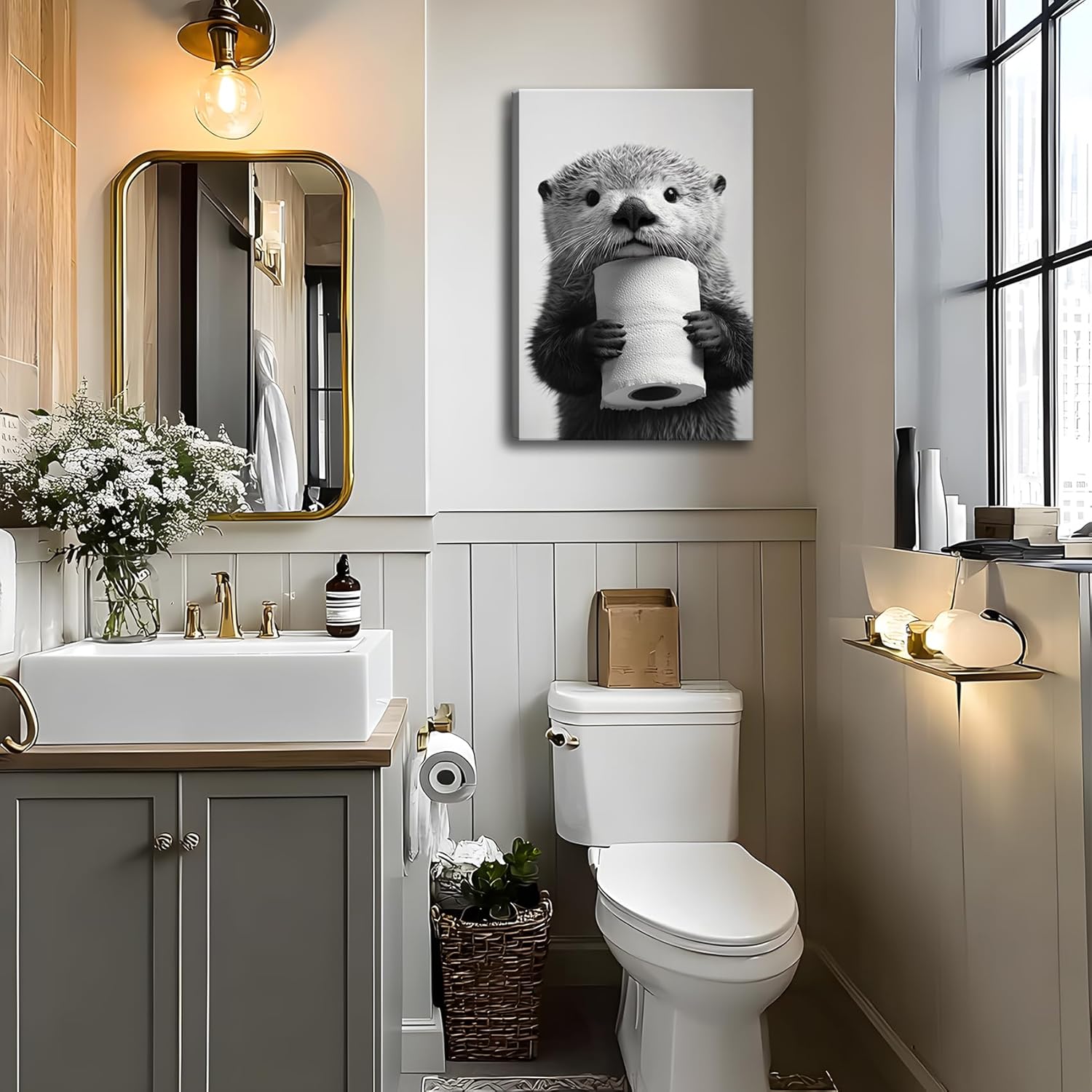 Funny Otter Bathroom Canvas Wall Art Picture Black and White Animal Poster Prints Cute Otter Holding a Roll of Toilet Paper Painting Bathroom Artwork Wall Decor for Restroom Bedroom 16x24in Framed