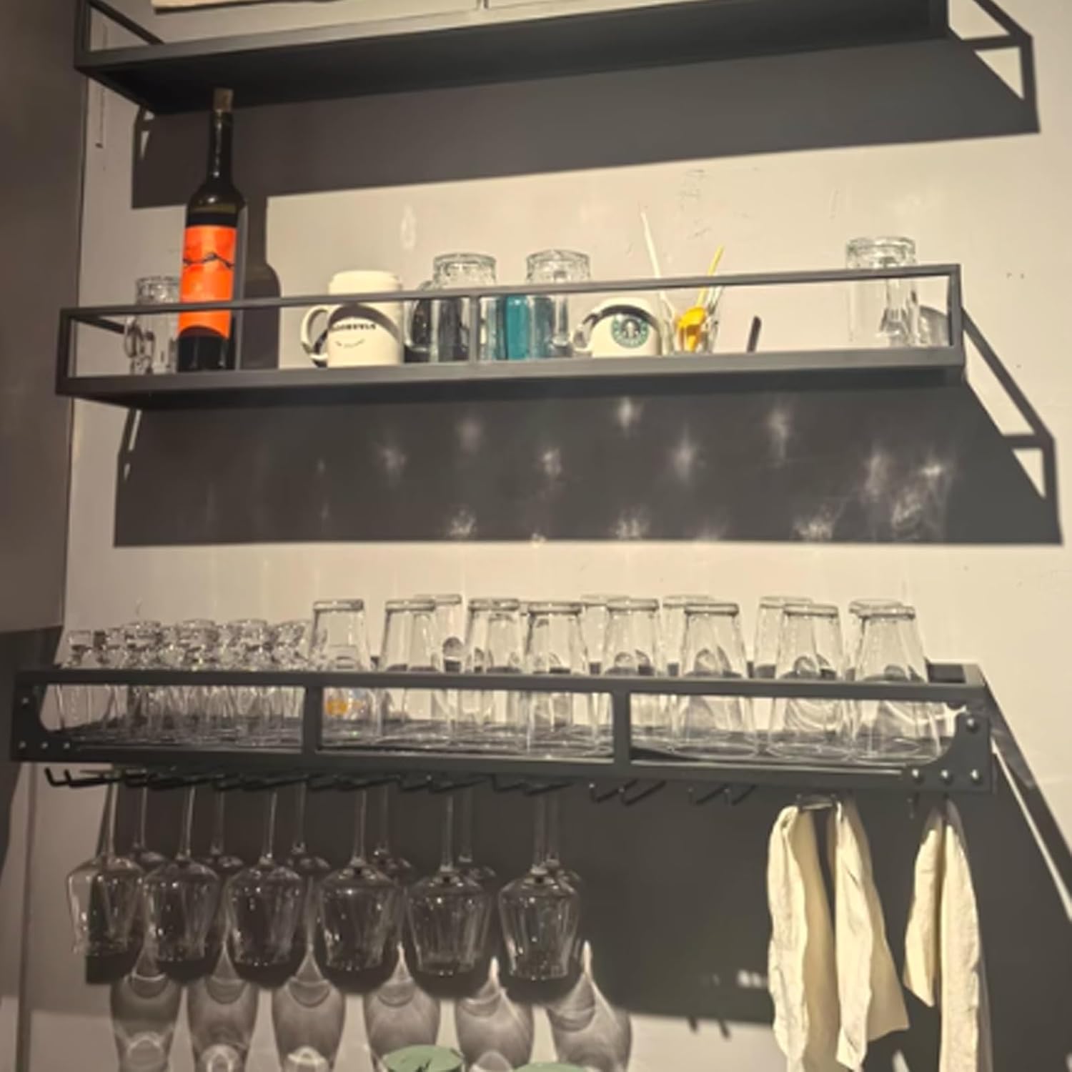 Wall Cabinet with Doors and Shelves, Kitchen Wall Cabinets Storage, Wall Mount Cabinets with LED Light, Wall Cabinets for Kitchen Bar Restaurant, Wall Mounted Cabinets for Home Bar,GoldWithHook-120/4