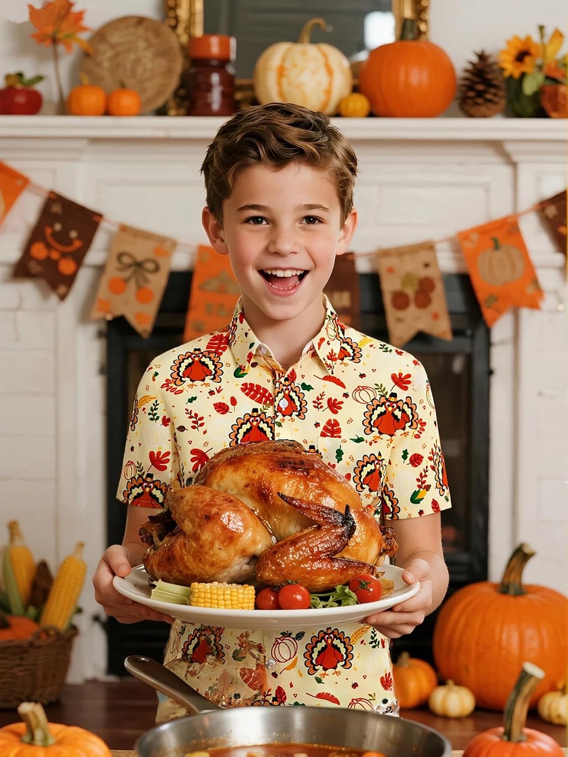 COSLAND Boys Turkey Button Down Shirt Kids Thanksgiving Top, Yellow, Medium