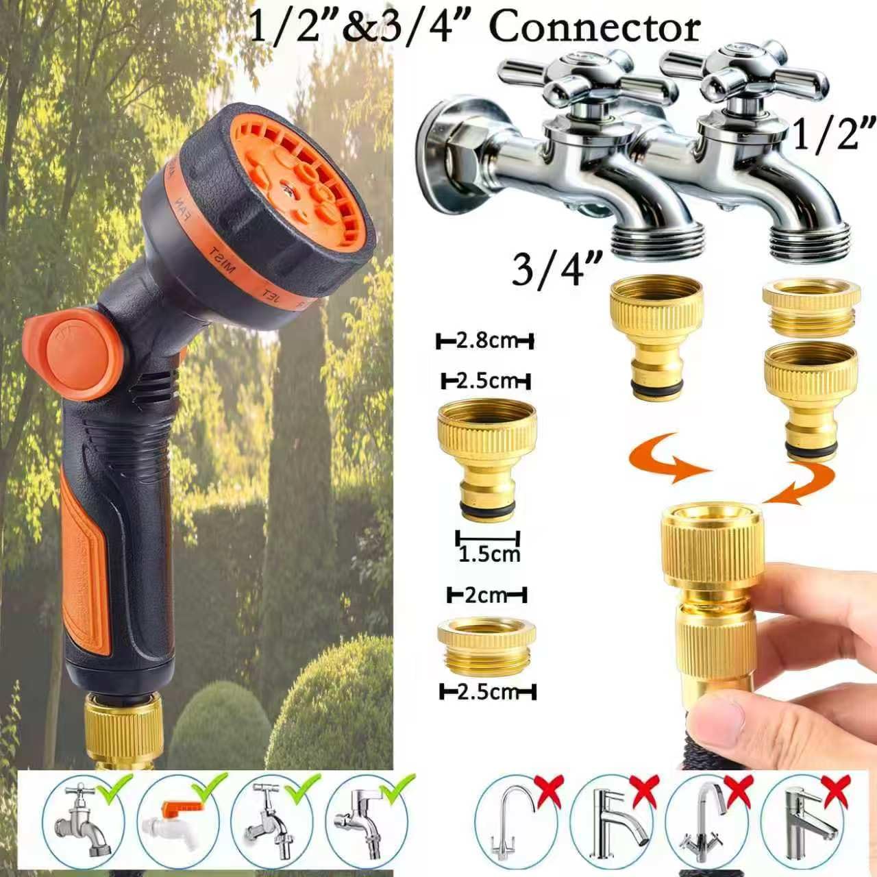 Gartenschlauch Flexibler 15m, Flexibel Wasserschlauch, Strapazierfähiger 3 lagiger Latex, 3/4 Zoll und 1/2 Zoll Metallanschlüsse, 3450D-Gewebe, knickfrei, Garden Hose Schlauch mit 10 Funktions Spray