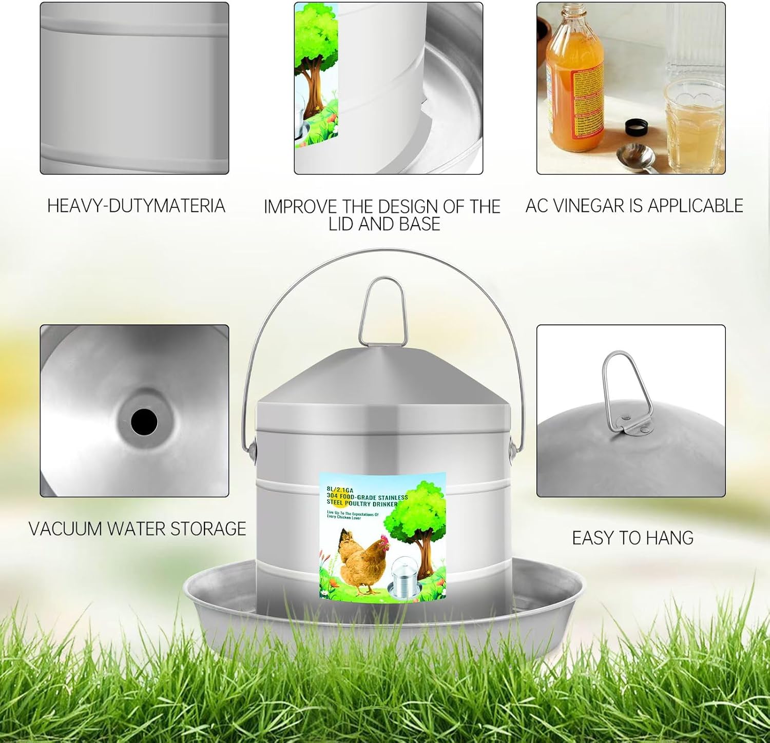 Automatic Chicken Waterer 8L/2.1Gal, 304 Food Grade Stainless Steel Heavy Duty Reliable Long-Lasting Poultry Waterer with Handle, High Strength Structure 0.035 Inch Metal Thickness, No Assemble