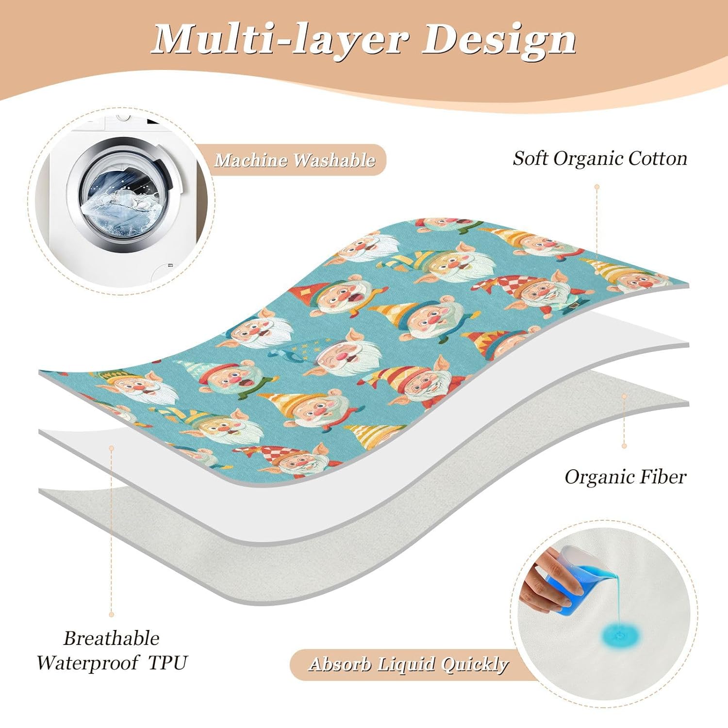 Carnival Cute Gnome Extra Large Resuable Changing Pad Covers Soft Absorbent Baby Pee Pads Skin-Friendly Travel Mattress for Toddler Kids, 52" L x 34" W