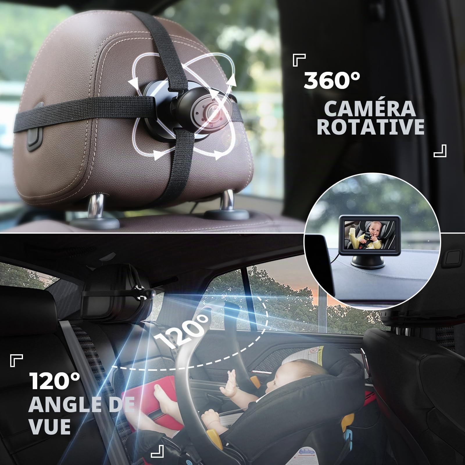 Caméra de Voiture pour Bébé HD 1080P avec Écran de 10,9 cm - Miroir pour Siège Arrière, Moniteurs de Siège Arrière avec Fonction de Vision Nocturne, Angle de Vue Large, Kit de Sécurité pour