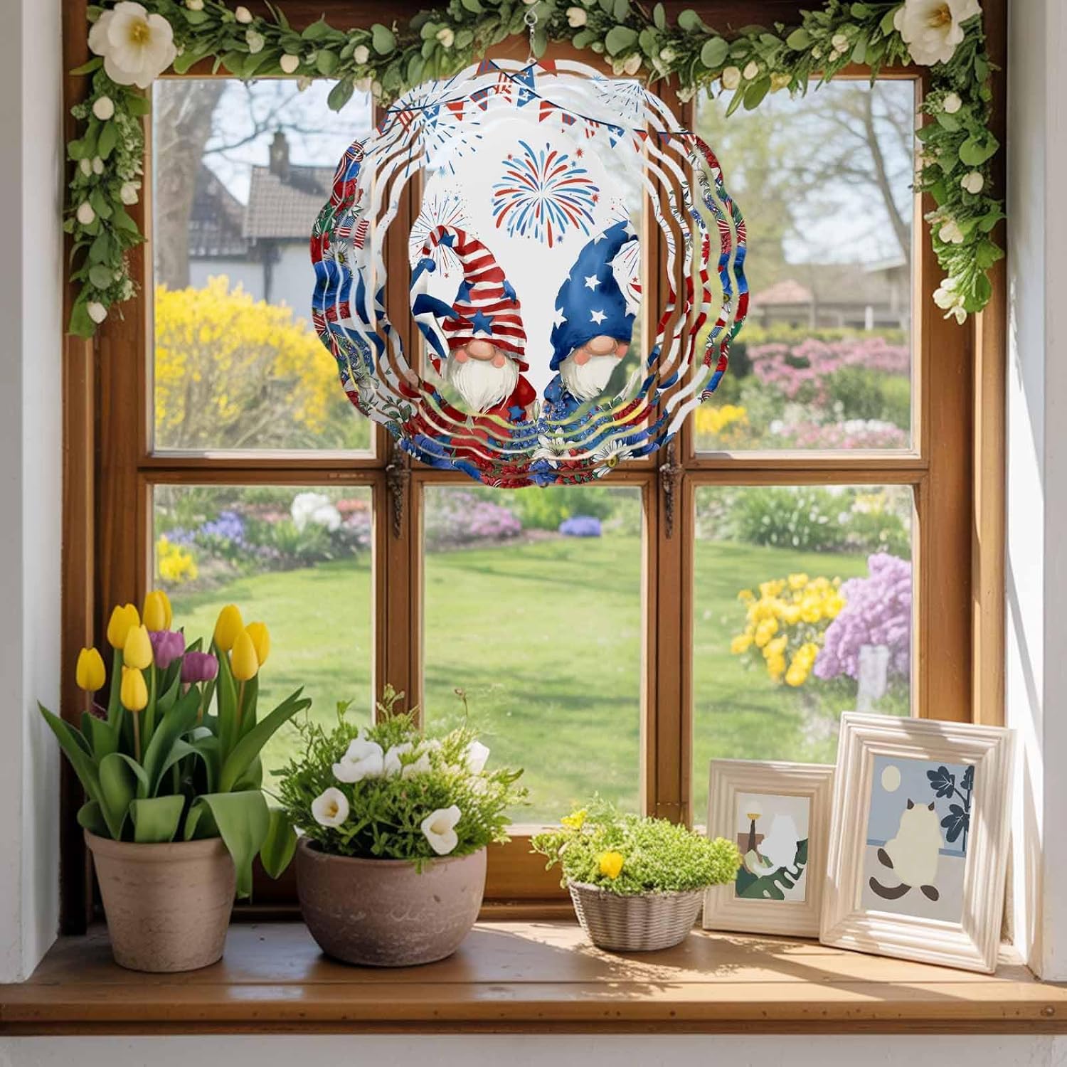 Independence Day 250th Anniversary Wind Spinner for Garden Yard 3D Stainless Steel Hanging Wind Spinners, Gnomes Firework Flower Spinners Outdoor Metal Decor for Lawn Patio Home