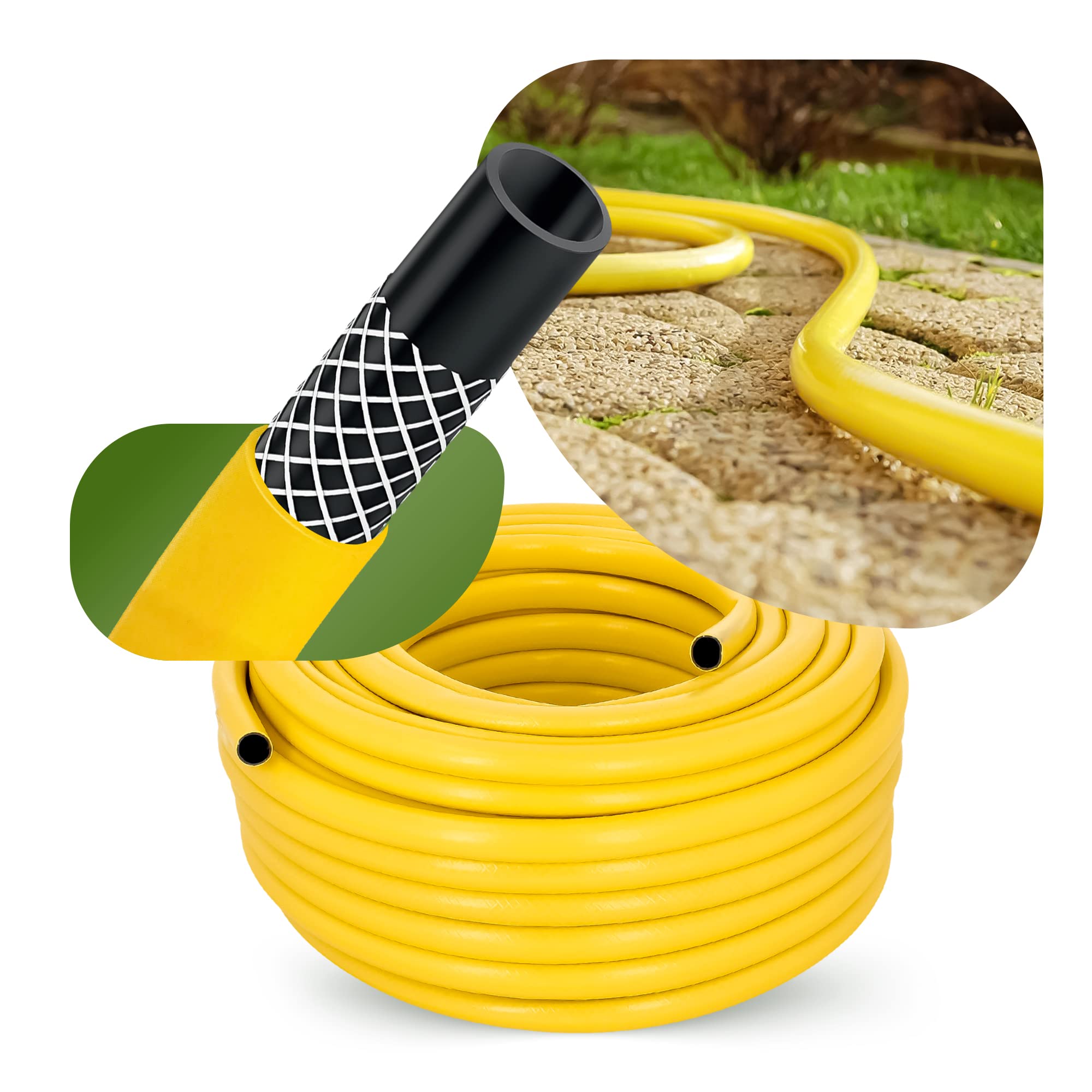 Manguera de riego, 3/4", 50 m, amarillo, reforzado, 3 capas, resistente a los rayos UV, indeformable, flexible, riego, jardinería, lavado de coches, manguera blindada