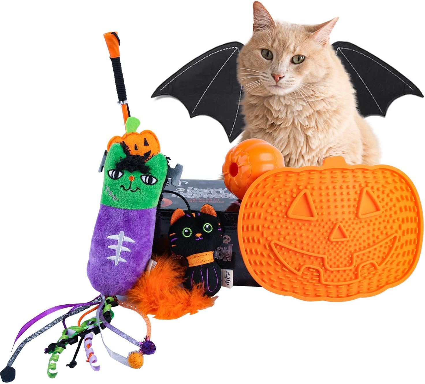 All for Paws Halloween Cat Gift Set – 4 Pack Cat Toys for Indoor Cats, Treat Dispenser, Lick Mat, Kicker & Wand
