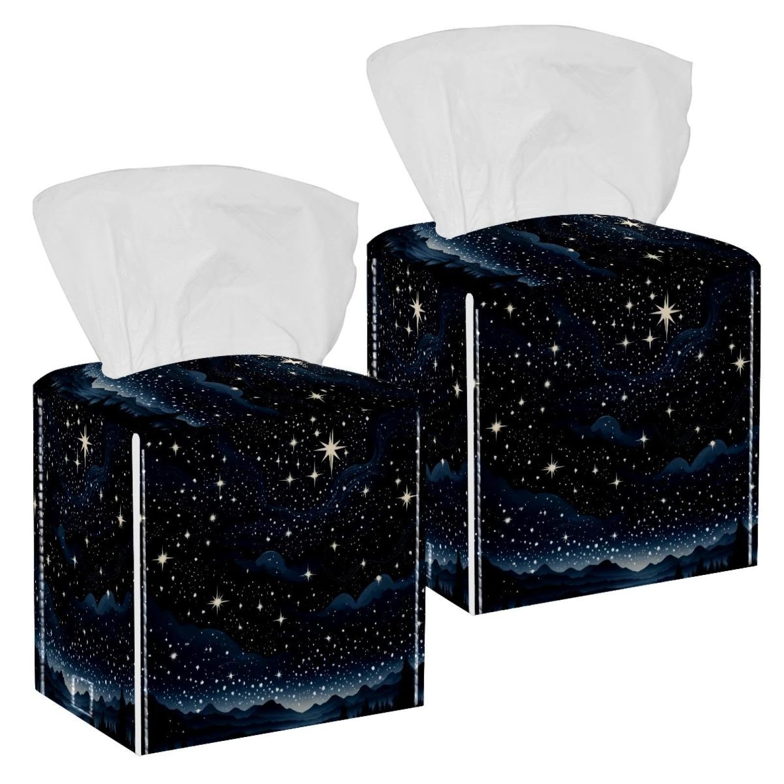 Black Starry Sky Tissue Box Cover, 2 Pack PU Leather Square Facial Tissue Dispenser Box holder for Home Office Car