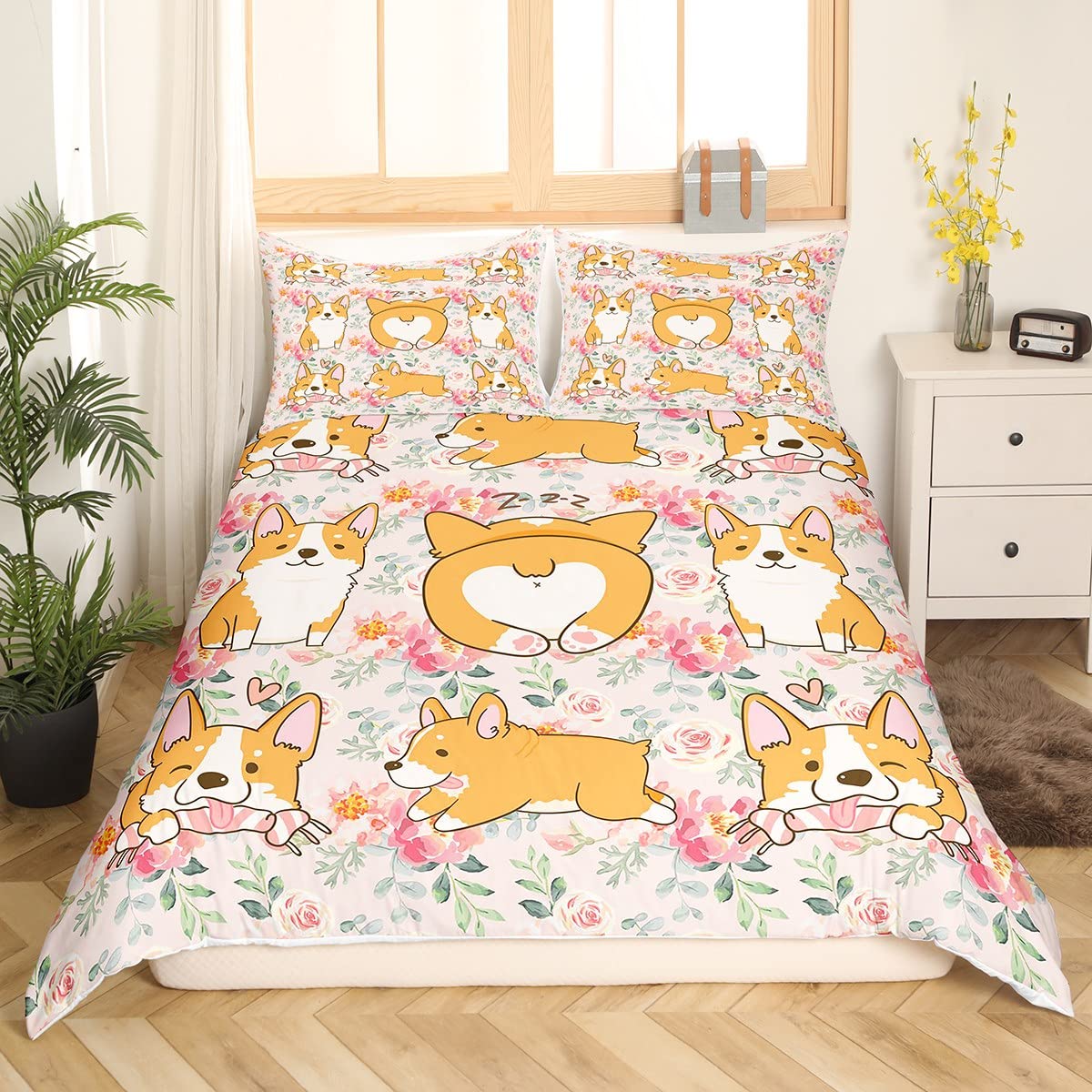 Corgi Kawaii Kids Duvet Cover Set Queen Size,Cartoon Dog Animal Bedding Set,Girls Boys Adults Home Bedroom Decor,Floral Leaves Botanical Comforter Cover,Bright Romantic Quilt Cover,3pcs,2 Pillowcases
