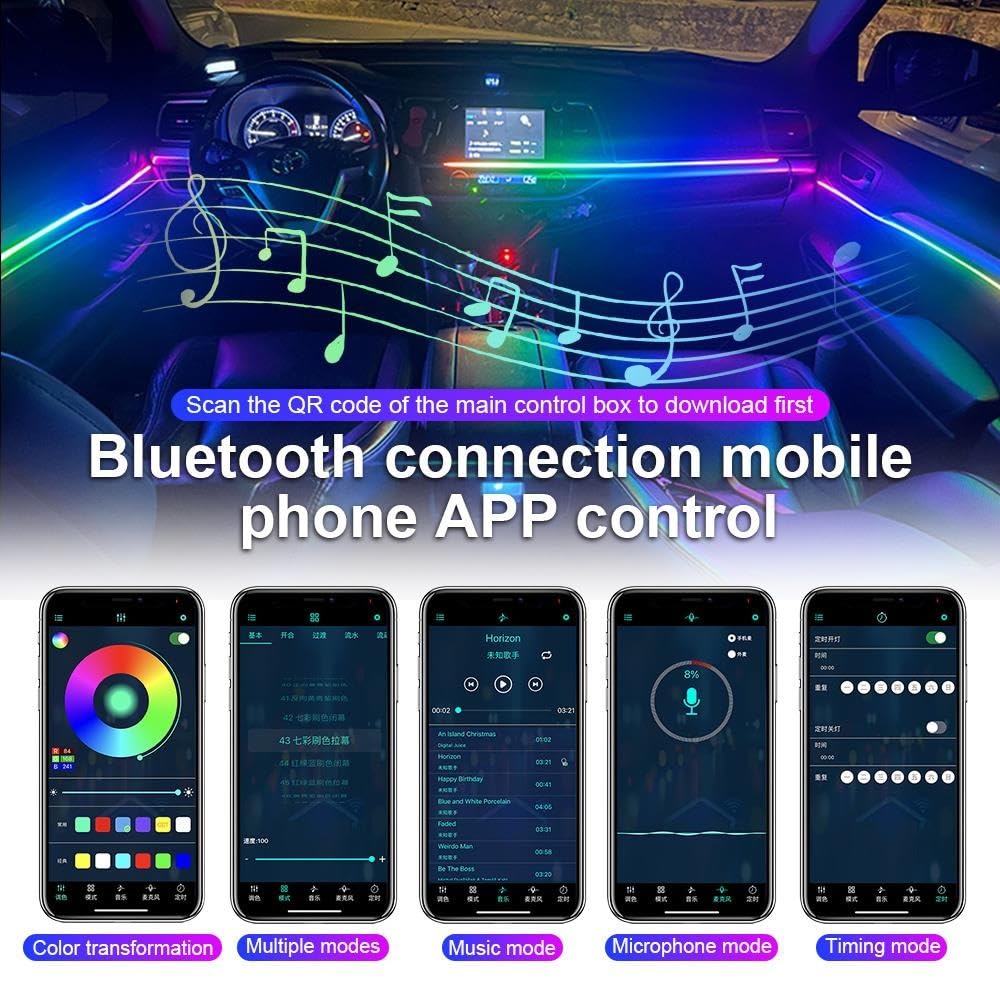 Éclairage intérieur de voiture Pour l'intérieur la voiture, banderole décoration en couleurs, bande néon RGB 18 en 1, lumière ambiante symphonique Lumière D'ambiance,(Symphony 14 in 1)