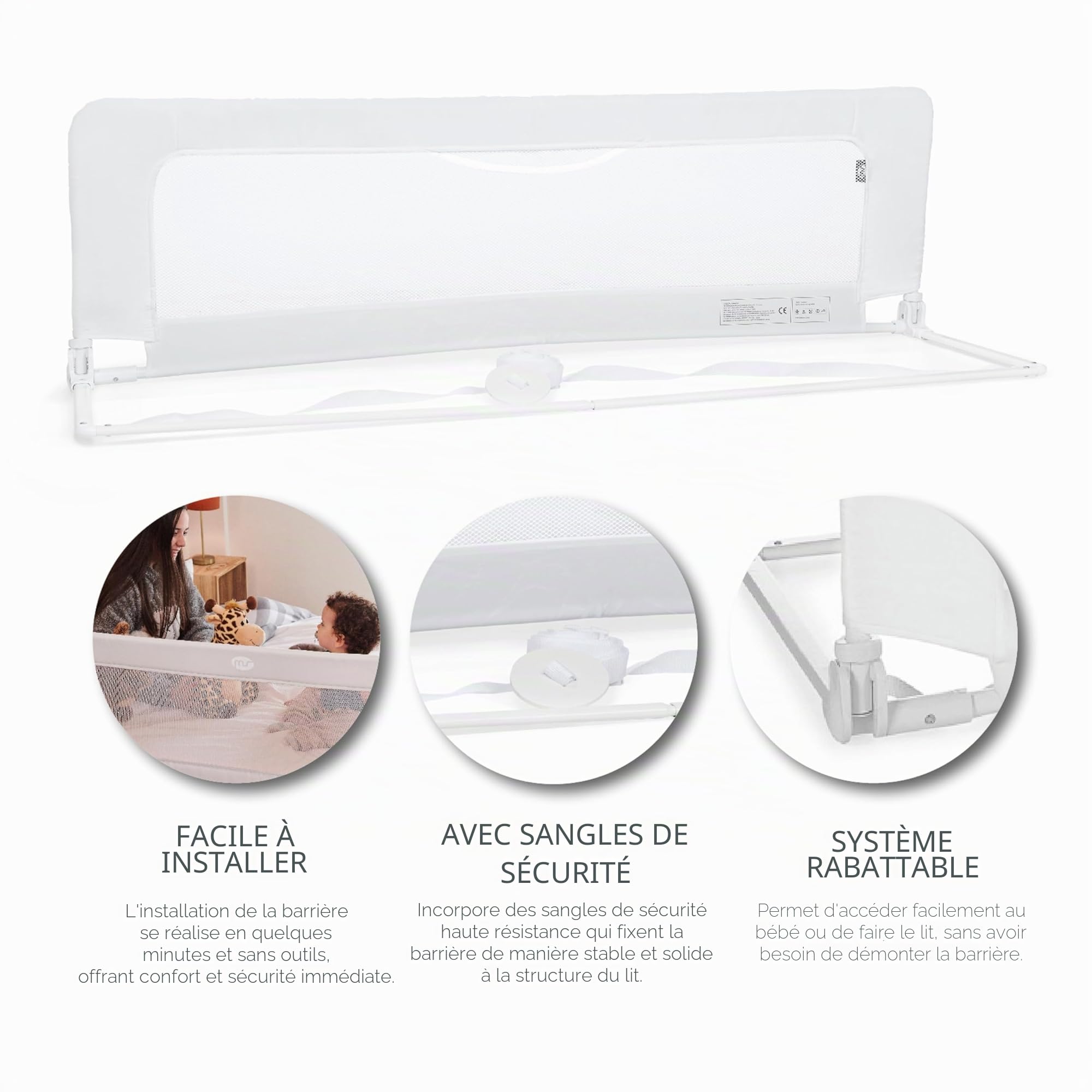 ms Baby World - Barrière de sécurité Portable pour Enfants | barrière de lit de Voyage | Pliable et Portable | Fixation sécurisée | 150 cm | avec sérigraphie (Blanc)