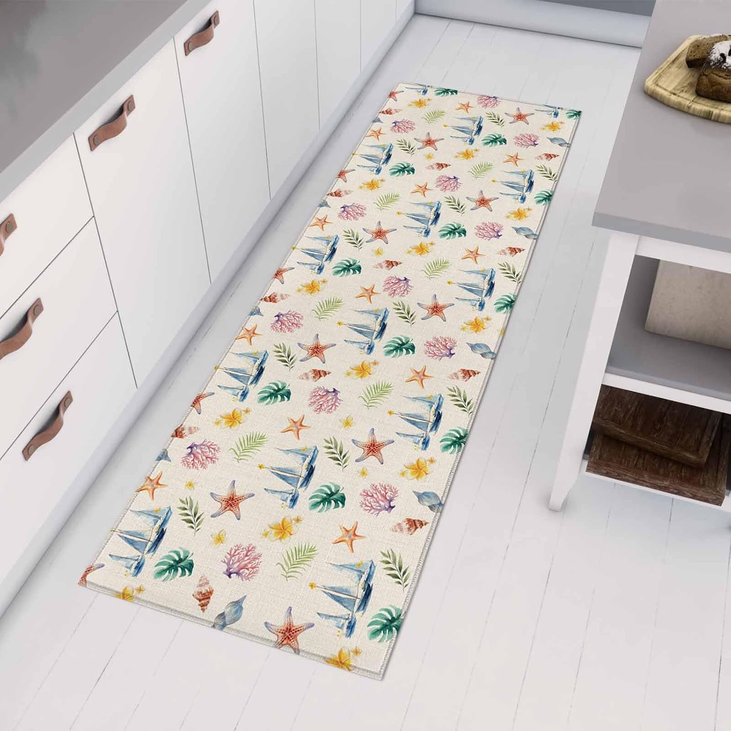 Teamery Kitchen Mats for Floor Summer Sea Starfish Sailboat Washable Non Slip Kitchen Rugs 1PCS, Marine Life Coral on Linen Absorbent Standing Mats for Sink Bathroom Office Living Room 23.6x70.9in