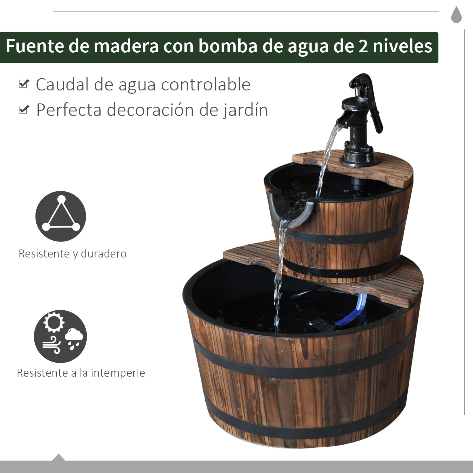 Outsunny Fuente de Agua de Madera Fuente de Jardín en Cascada de 2 Niveles con Bomba Eléctrica y Salida de Agua Ajustable para Decoración Patio Terraza 44,5x44,5x58,5 cm Natural