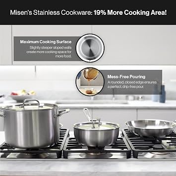 Misen 5-Ply Stainless Steel Cookware Set - Versatile, Dishwasher Safe - 12-Piece Set - 10 Skillet, 12 Skillet, 3 QT Saute Pan & 6 QT Rondeau + Lids, 2 QT & 3 QT Saucier + Lids, 8 QT Stockpot + Lid