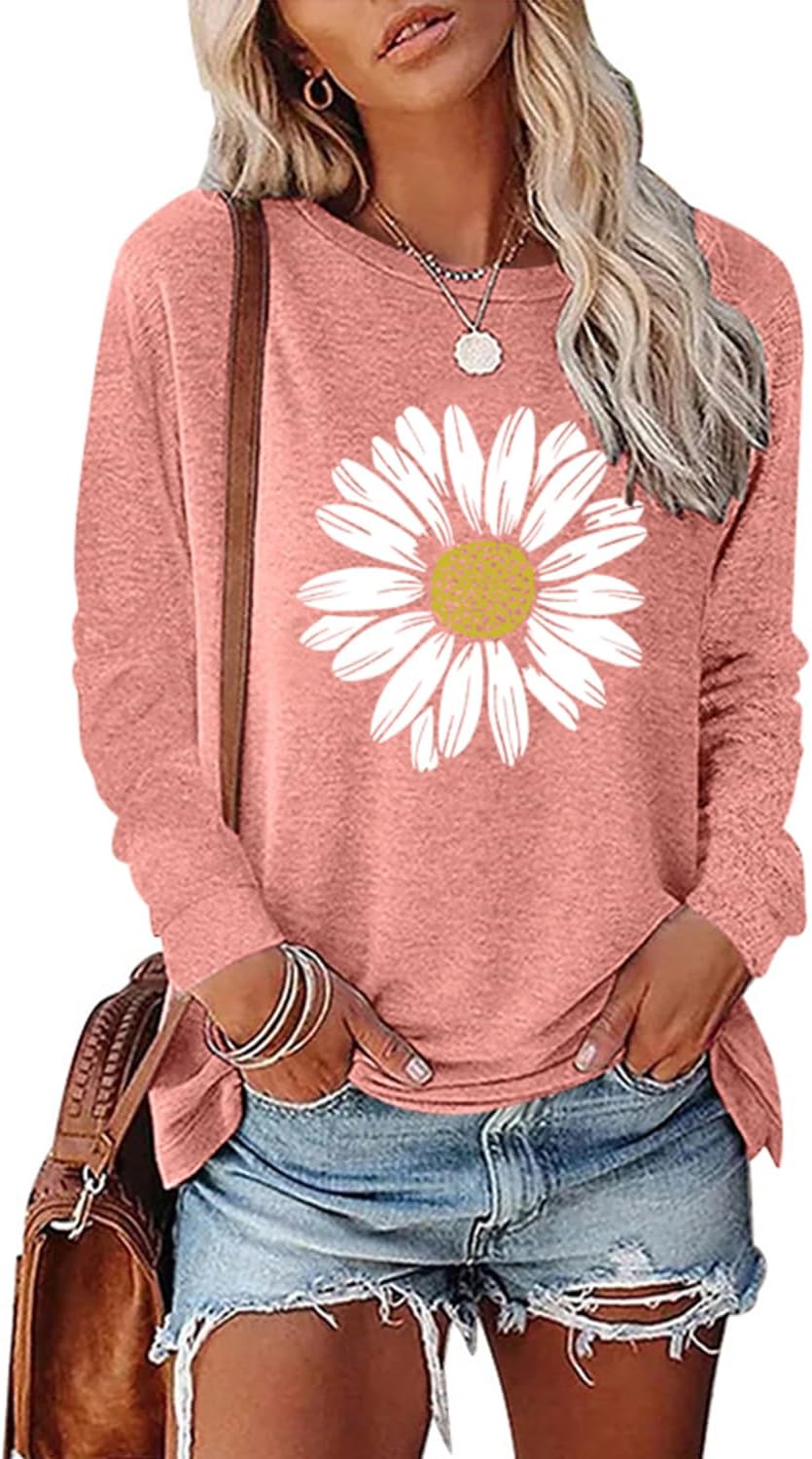 Women's Sunflower Graphic Long Sleeve Fashion Floral Printed Casual Cotton Tee Tops Cute Funny Tees Shirt