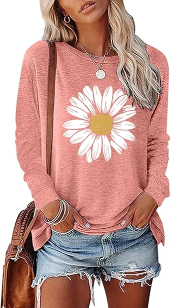 Womens Sunflower Graphic Long Sleeve Casual Cotton Tee Tops Fashion Floral Printed Crewneck Tees Shirt